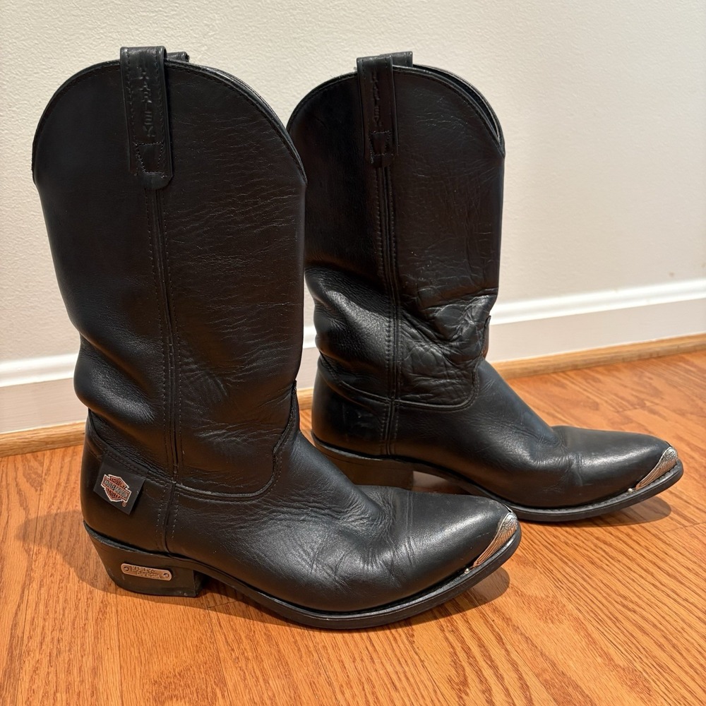 Men's Vtg Harley Davidson Black Leather Cowboy Boots Size 10M Eagle Toe Caps
